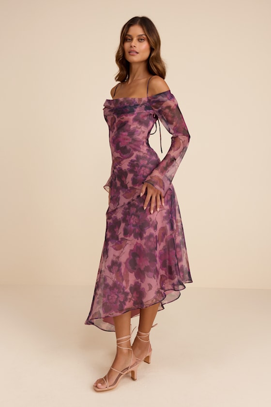 Pia Mauve Purple Floral Asymmetrical Midi Dress