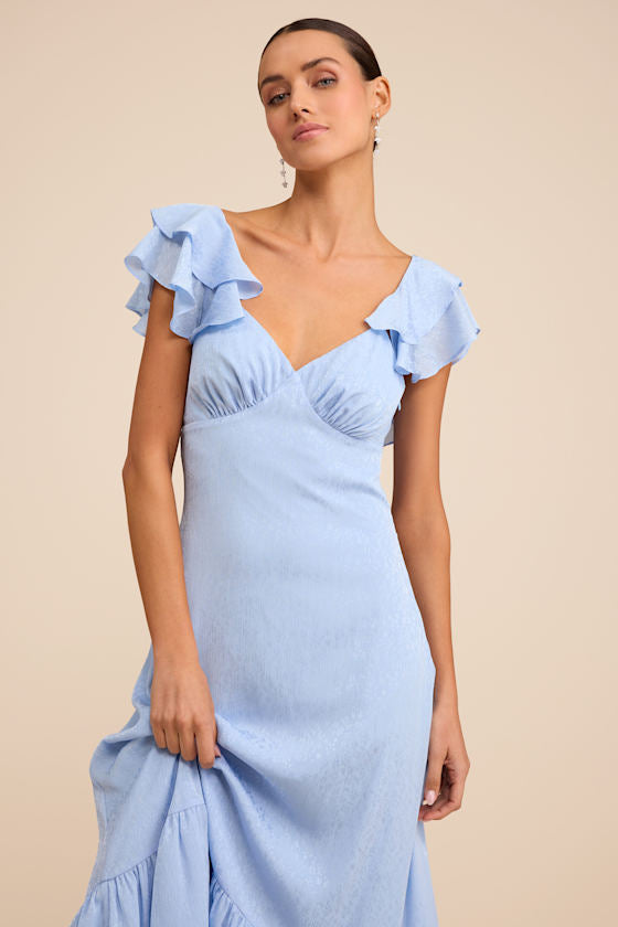 Devie Light Blue Satin Jacquard Flutter Sleeve Midi Dress