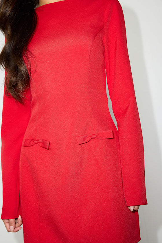 Pemberton Red Boat Neck Long Sleeve Mini Dress
