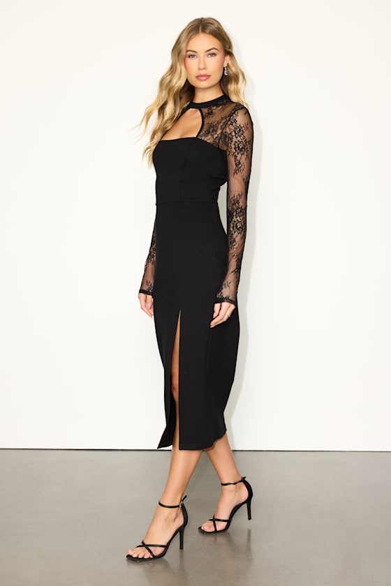 Bragging Rights Black Lace Long Sleeve Midi Dress