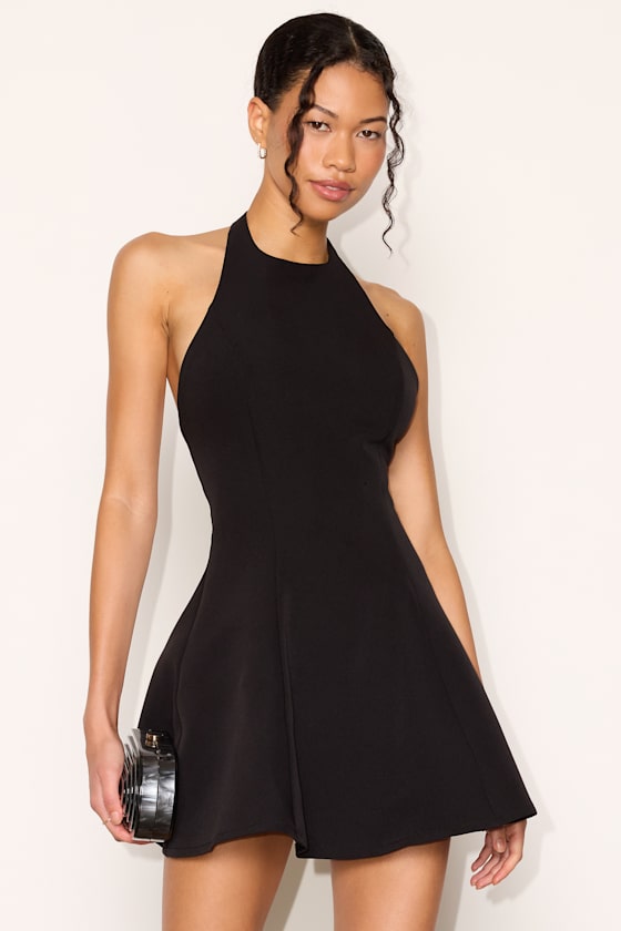 Leda Black Halter Neck Skater Mini Dress