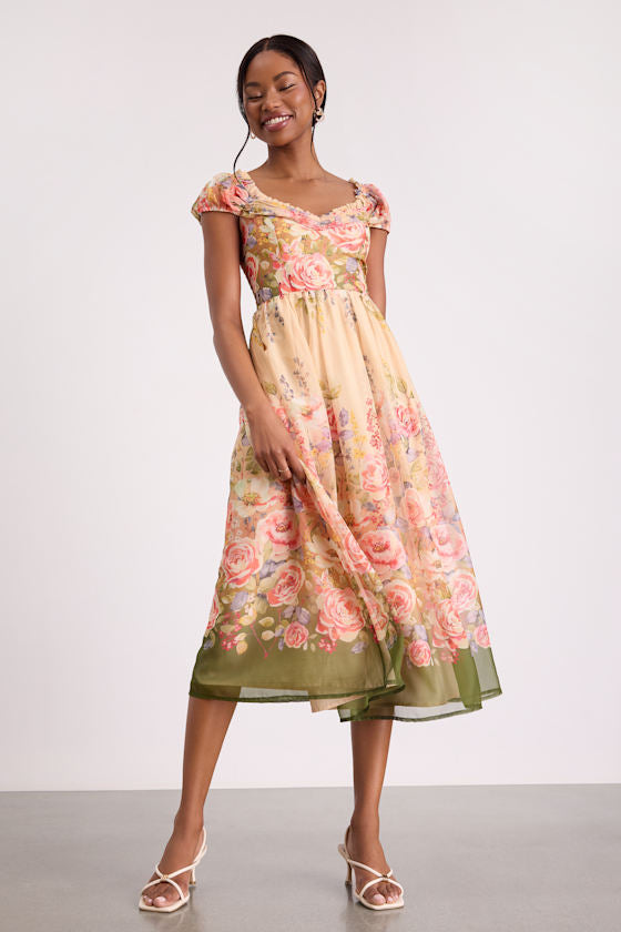 Celosia Peach Multi Floral Cap Sleeve Midi Dress