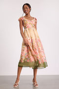 Celosia Peach Multi Floral Cap Sleeve Midi Dress