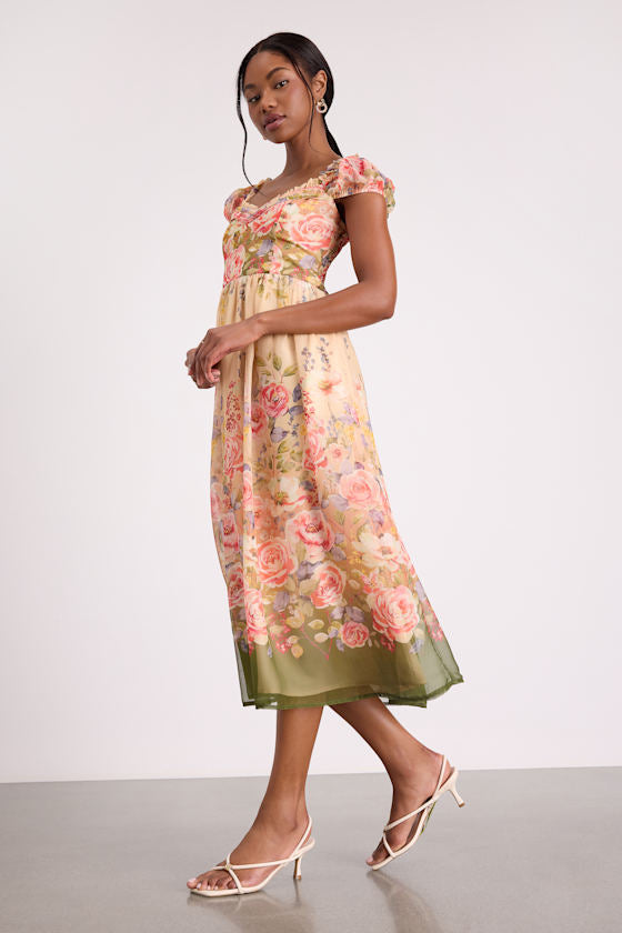 Celosia Peach Multi Floral Cap Sleeve Midi Dress