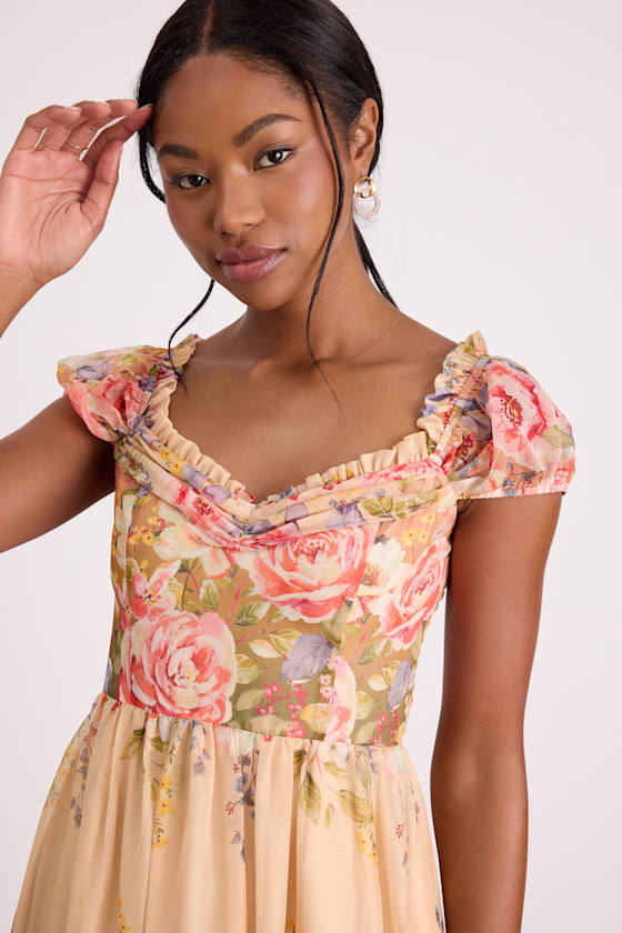 Celosia Peach Multi Floral Cap Sleeve Midi Dress