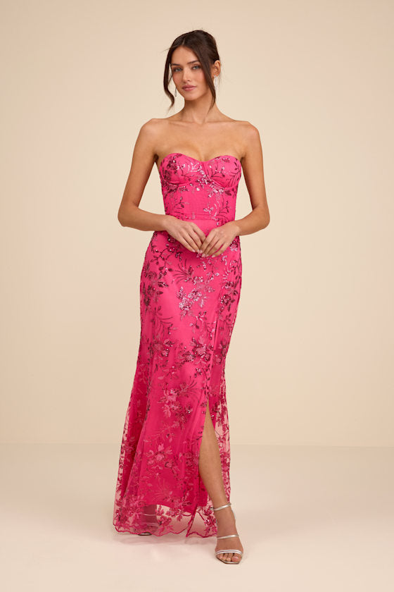 Confident Sensation Hot Pink Sequin Strapless Bustier Maxi Dress