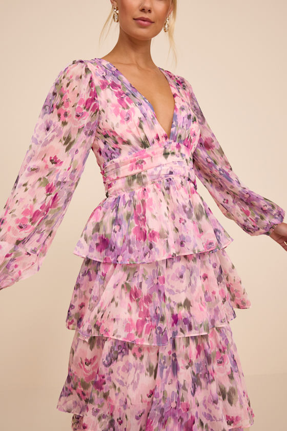 Macy Blush Multi Floral Tiered Midi Dress