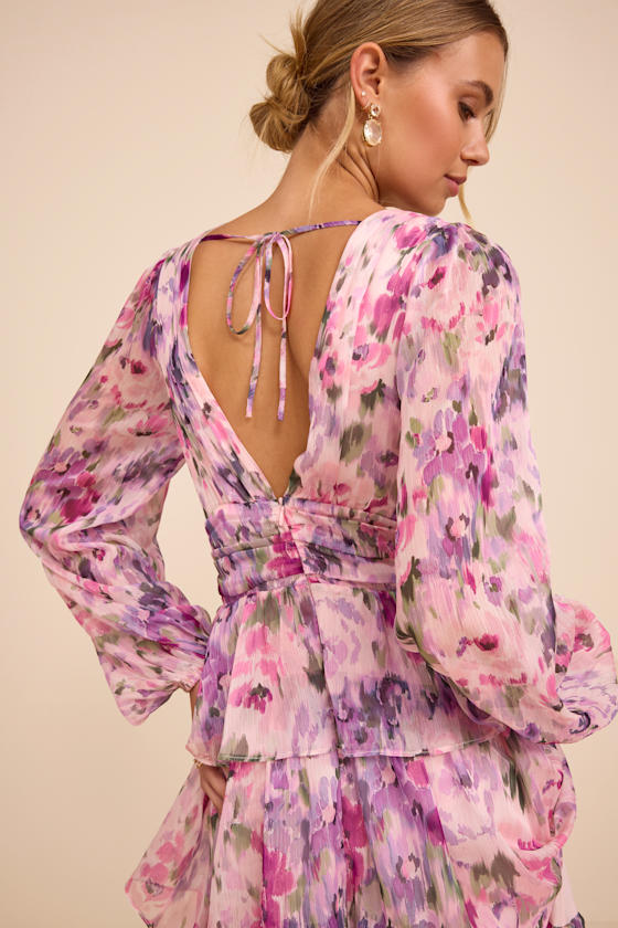 Macy Blush Multi Floral Tiered Midi Dress
