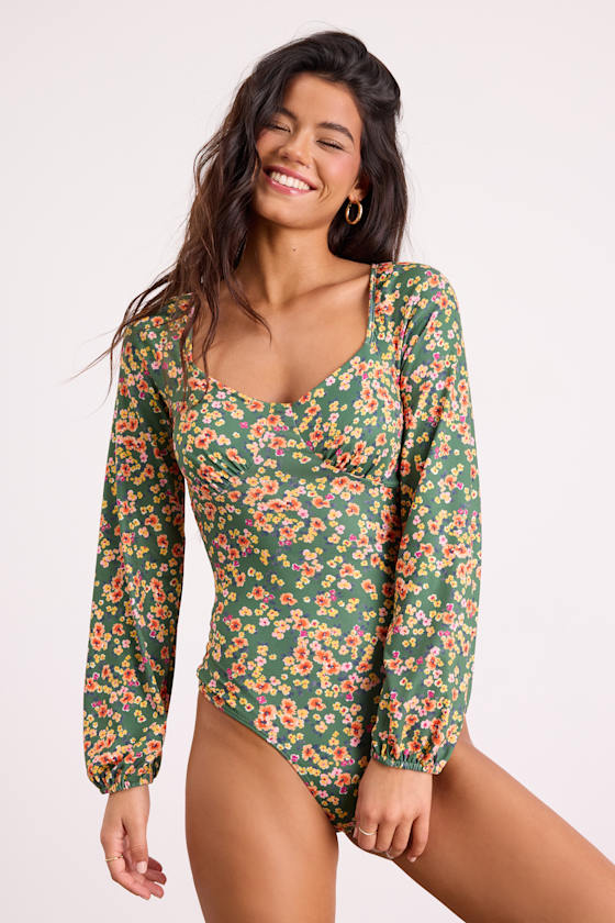 Blossom Beauty Green Floral Print Long Sleeve Bodysuit