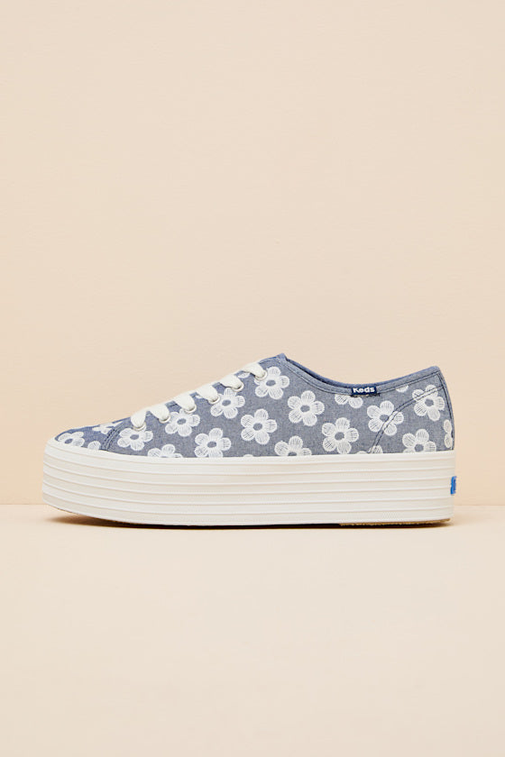 Triple Up Light Blue Floral Embroidered Platform Sneakers