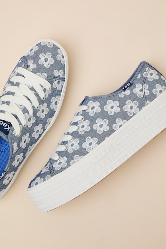 Triple Up Light Blue Floral Embroidered Platform Sneakers