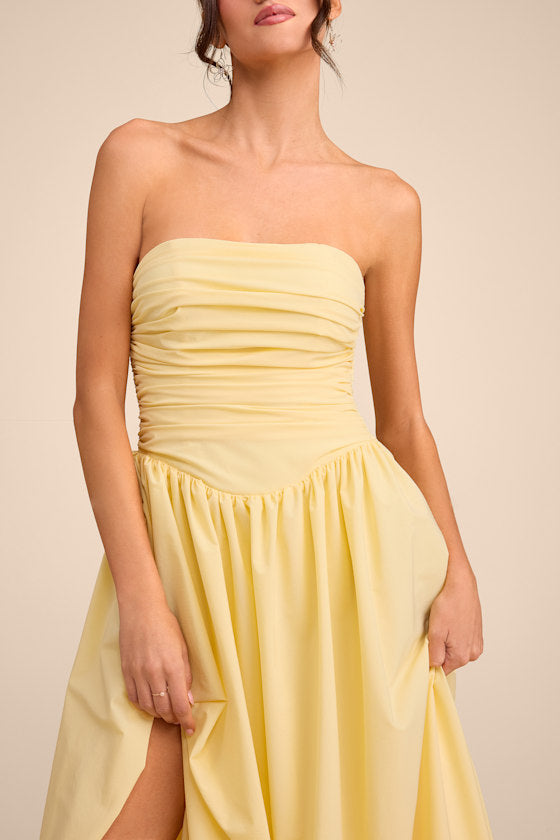 Marilou Light Yellow Strapless Ruched Lace-Up Maxi Dress