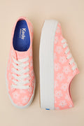 Triple Up Neon Coral Floral Embroidered Platform Sneakers