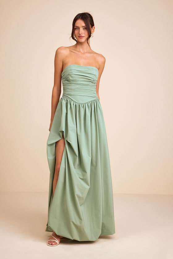 Marilou Sage Green Strapless Ruched Lace-Up Maxi Dress