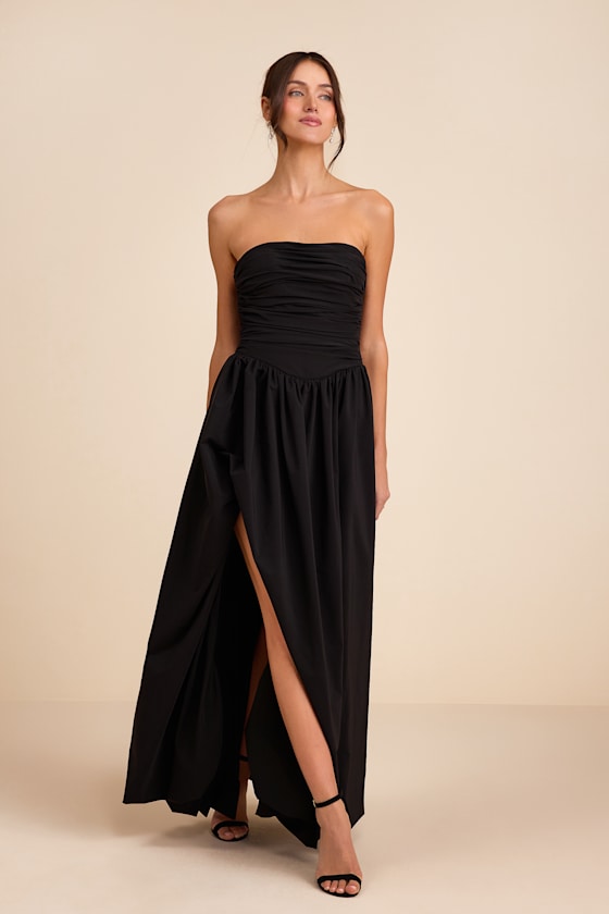 Marilou Black Strapless Ruched Lace-Up Maxi Dress