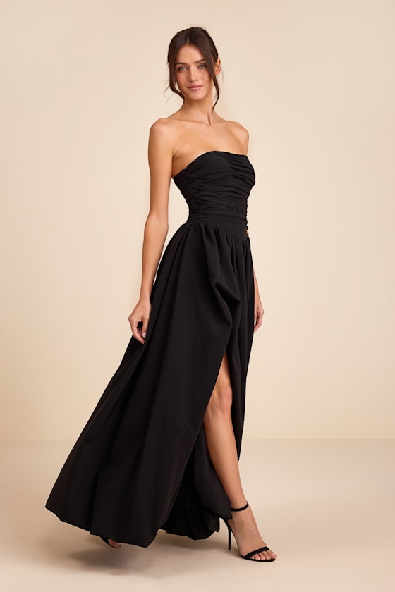 Marilou Black Strapless Ruched Lace-Up Maxi Dress