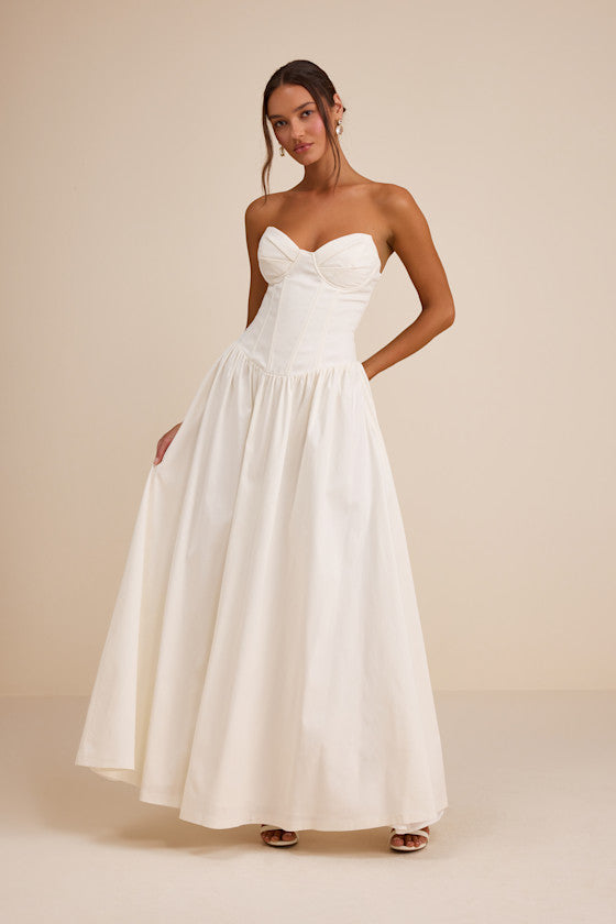 Almeria White Strapless Lace-Up Maxi Dress