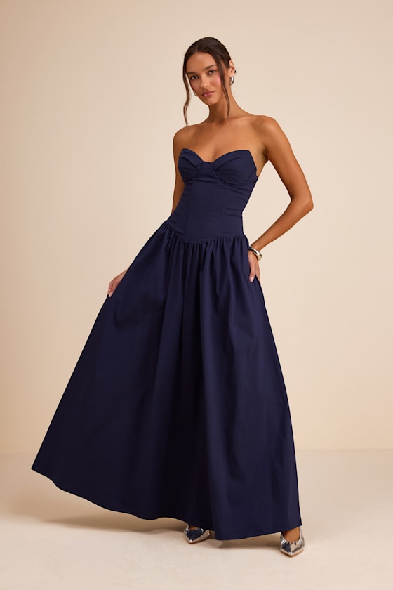 Almeria Navy Blue Strapless Lace-Up Maxi Dress
