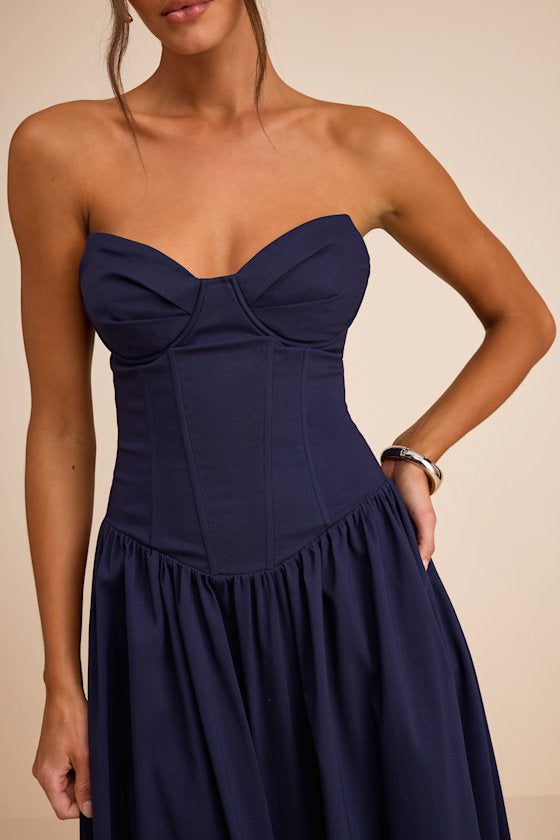Almeria Navy Blue Strapless Lace-Up Maxi Dress
