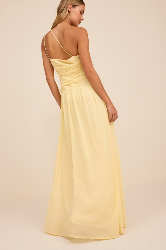 Marcela Pale Yellow Ruched One-Shoulder Maxi Dress