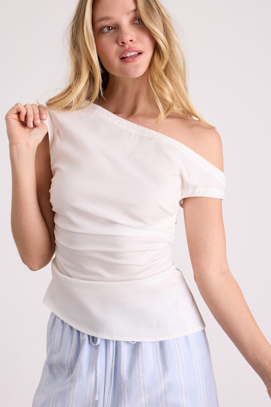 Debonair Ivory Poplin Ruched Asymmetrical Top