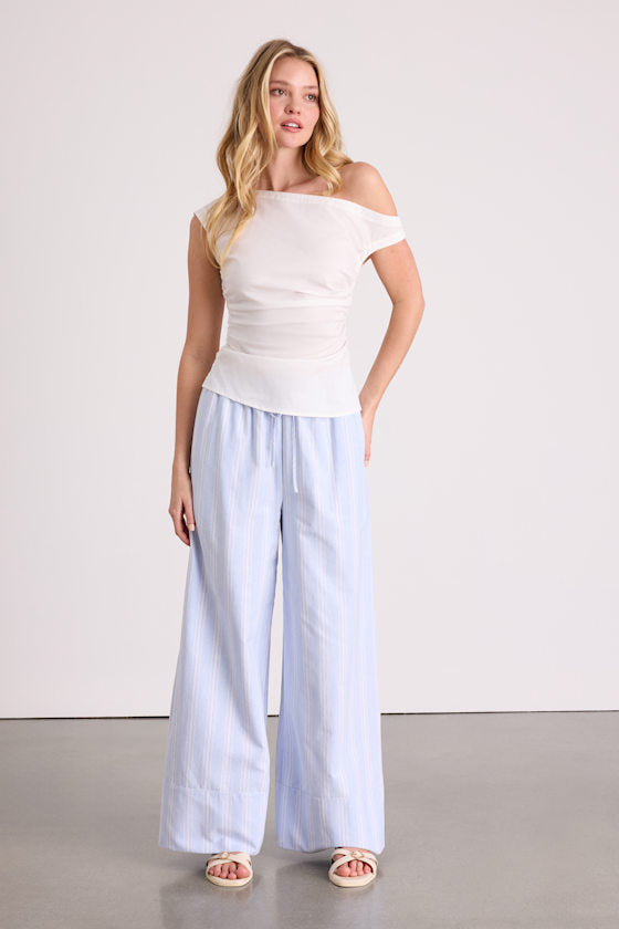 Debonair Ivory Poplin Ruched Asymmetrical Top