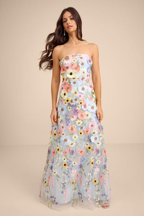 Rosario Light Blue Multi 3D Floral Embroidered Maxi Dress