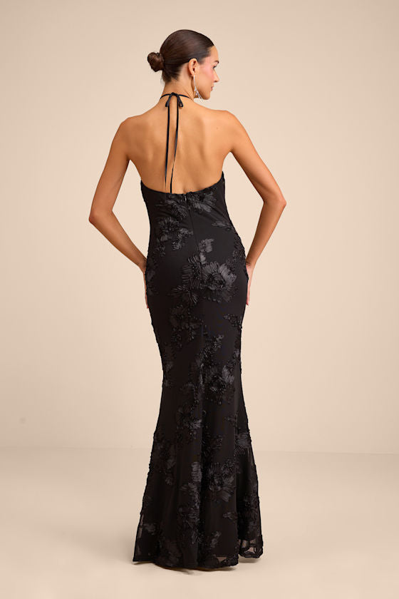 Celyna Black Mesh Floral Applique Maxi Dress
