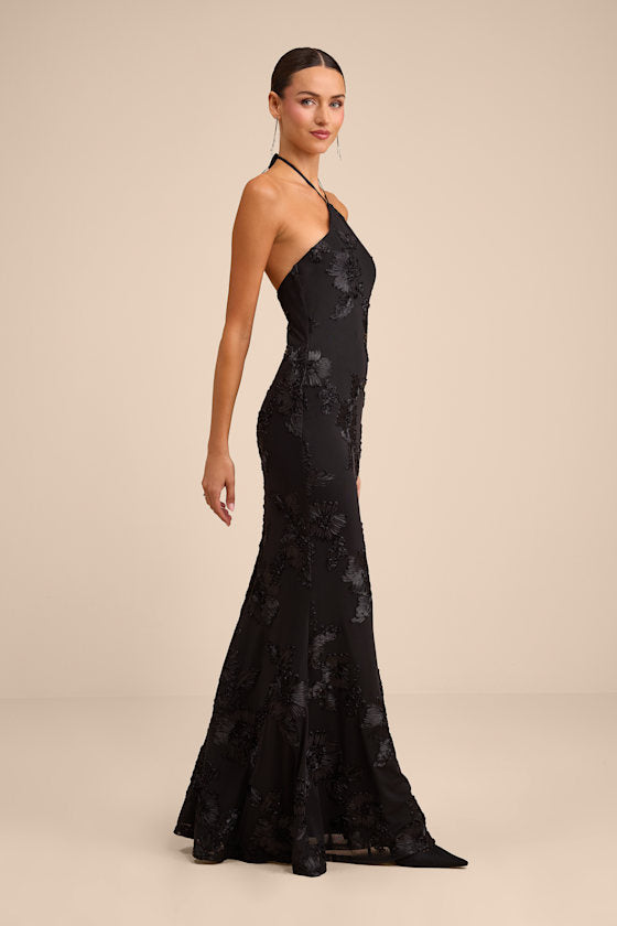 Celyna Black Mesh Floral Applique Maxi Dress