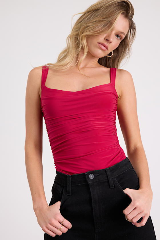 McKinley Berry Red Slinky Knit Ruched Tank Top
