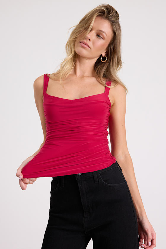 McKinley Berry Red Slinky Knit Ruched Tank Top