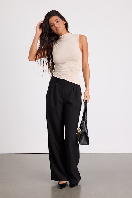 Liz Beige Jersey Knit Mock Neck Tank Top