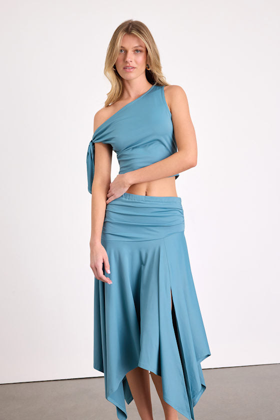 Lizzy Teal Blue Jersey Knit Asymmetrical Midi Skirt