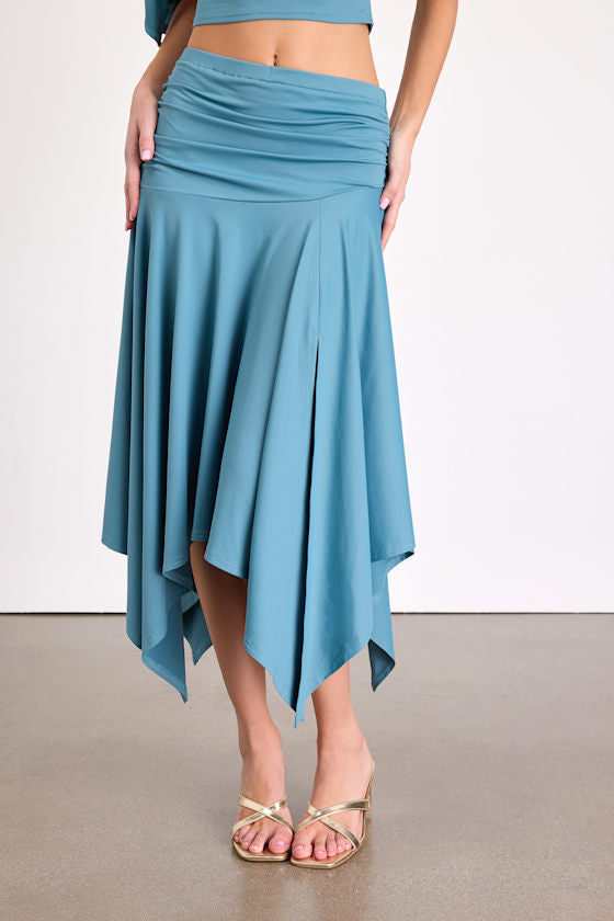 Lizzy Teal Blue Jersey Knit Asymmetrical Midi Skirt