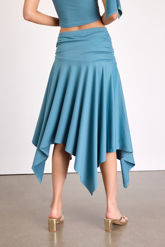 Lizzy Teal Blue Jersey Knit Asymmetrical Midi Skirt