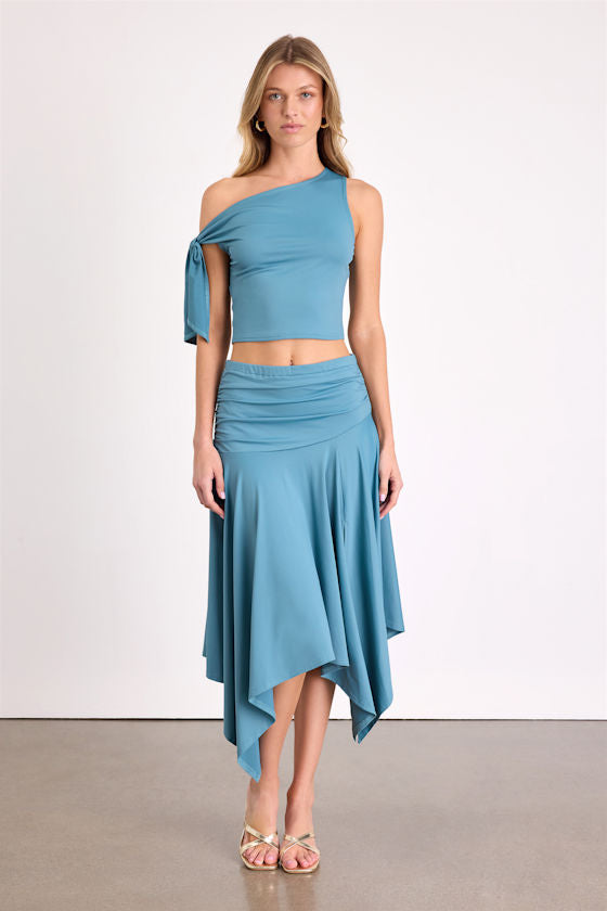 Lizzy Teal Blue Jersey Knit Asymmetrical Top