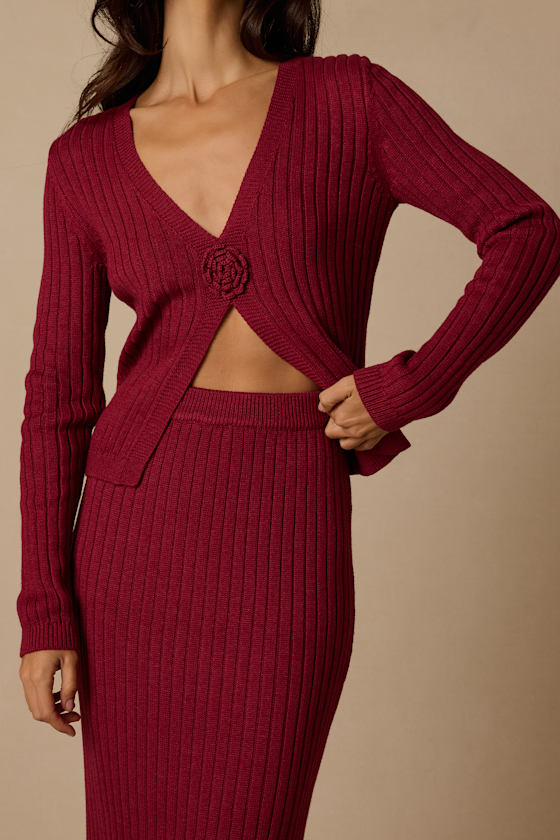 Colbina Berry Red Ribbed Rosette Sweater Top