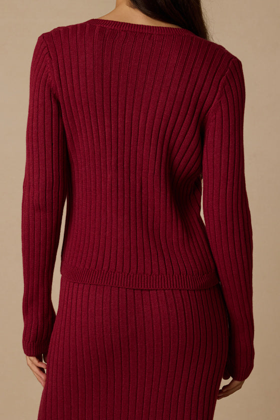 Colbina Berry Red Ribbed Rosette Sweater Top