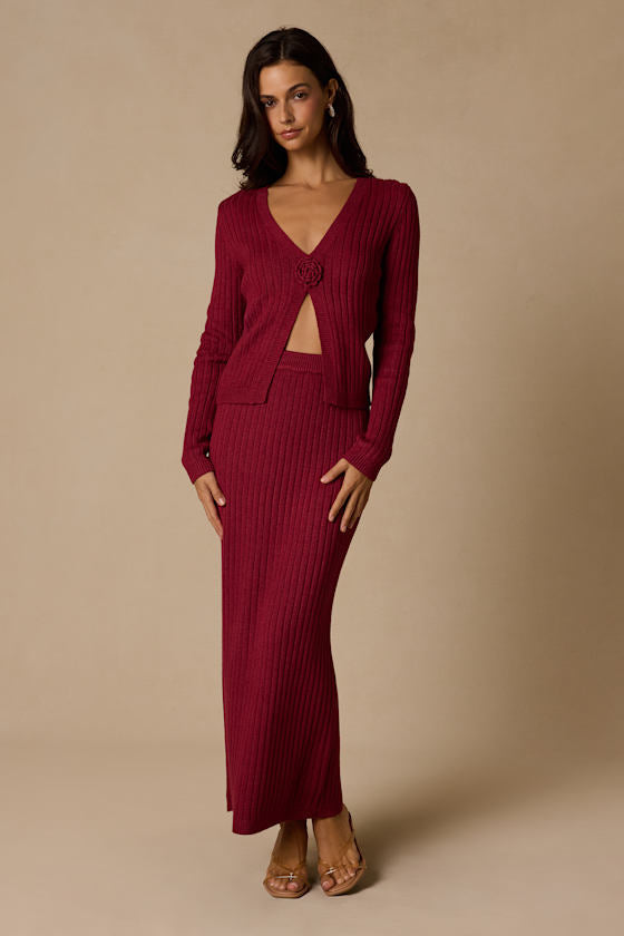 Colbina Berry Red Ribbed Rosette Sweater Top