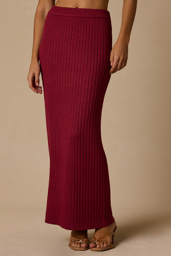 Colbina Berry Red Ribbed High-Rise Sweater Maxi Skirt