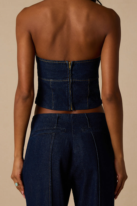 Denna Dark Wash Denim Strapless Top