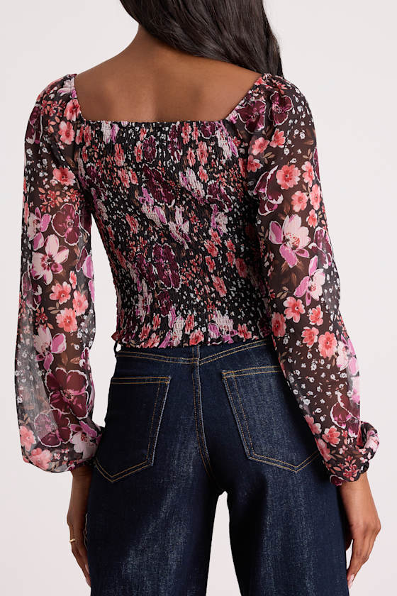 Mood Setter Black and Purple Floral Print Ruched Long Sleeve Top