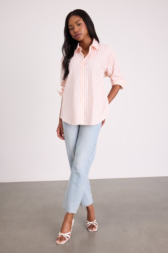 Logan Ivory and Pink Striped Cutout Button-Up Long Sleeve Top