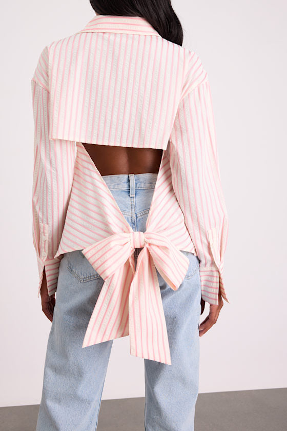 Logan Ivory and Pink Striped Cutout Button-Up Long Sleeve Top