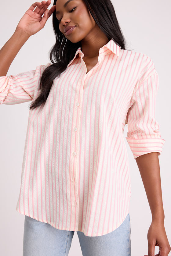 Logan Ivory and Pink Striped Cutout Button-Up Long Sleeve Top