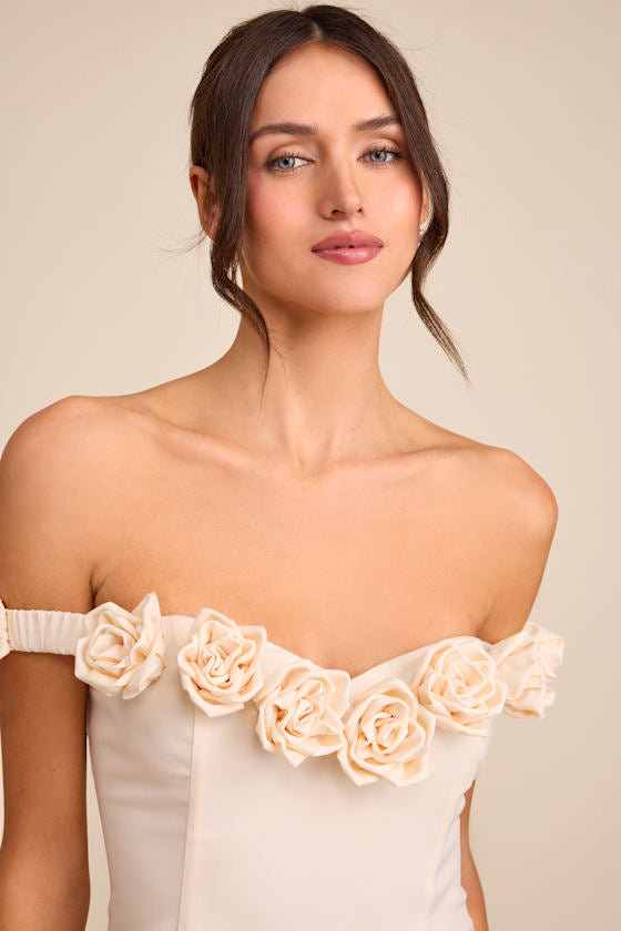 Gracen Ivory Rosette Off-the-Shoulder Skater Mini Dress