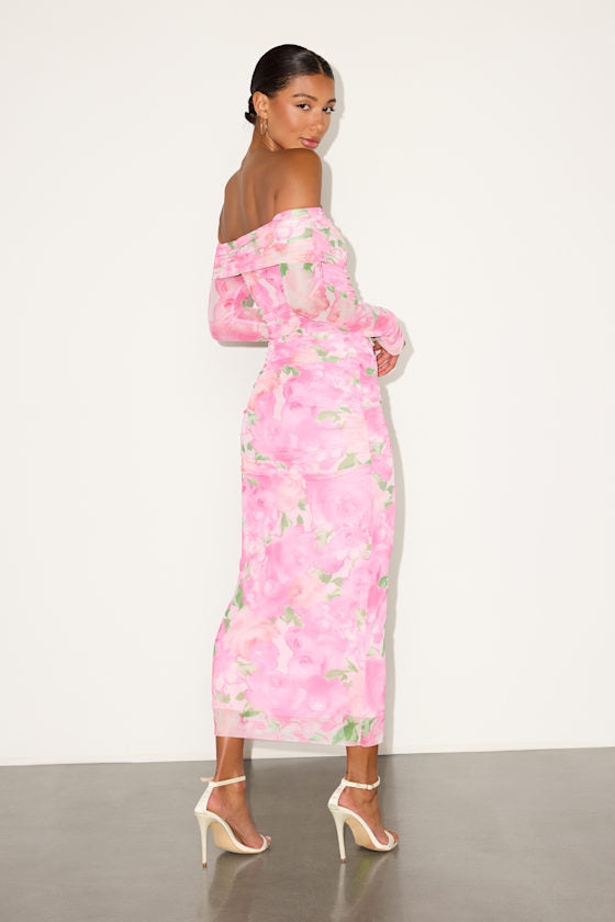 Amorette Pink Floral Mesh Off-the-Shoulder Maxi Dress