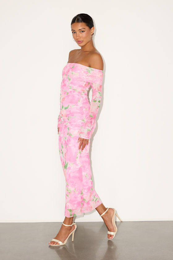 Amorette Pink Floral Mesh Off-the-Shoulder Maxi Dress