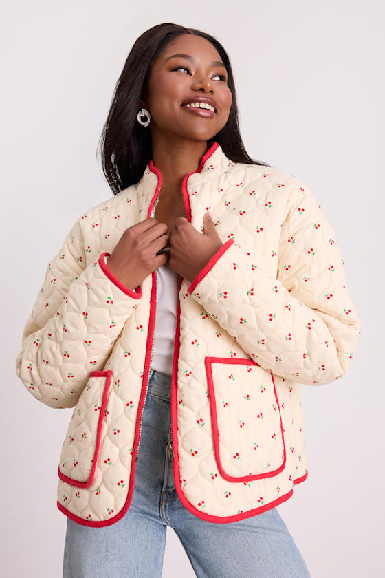 Bundled Perfection Cream Cherry Print Quilted Puffer Jacket