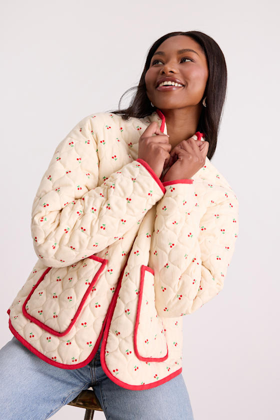 Bundled Perfection Cream Cherry Print Quilted Puffer Jacket